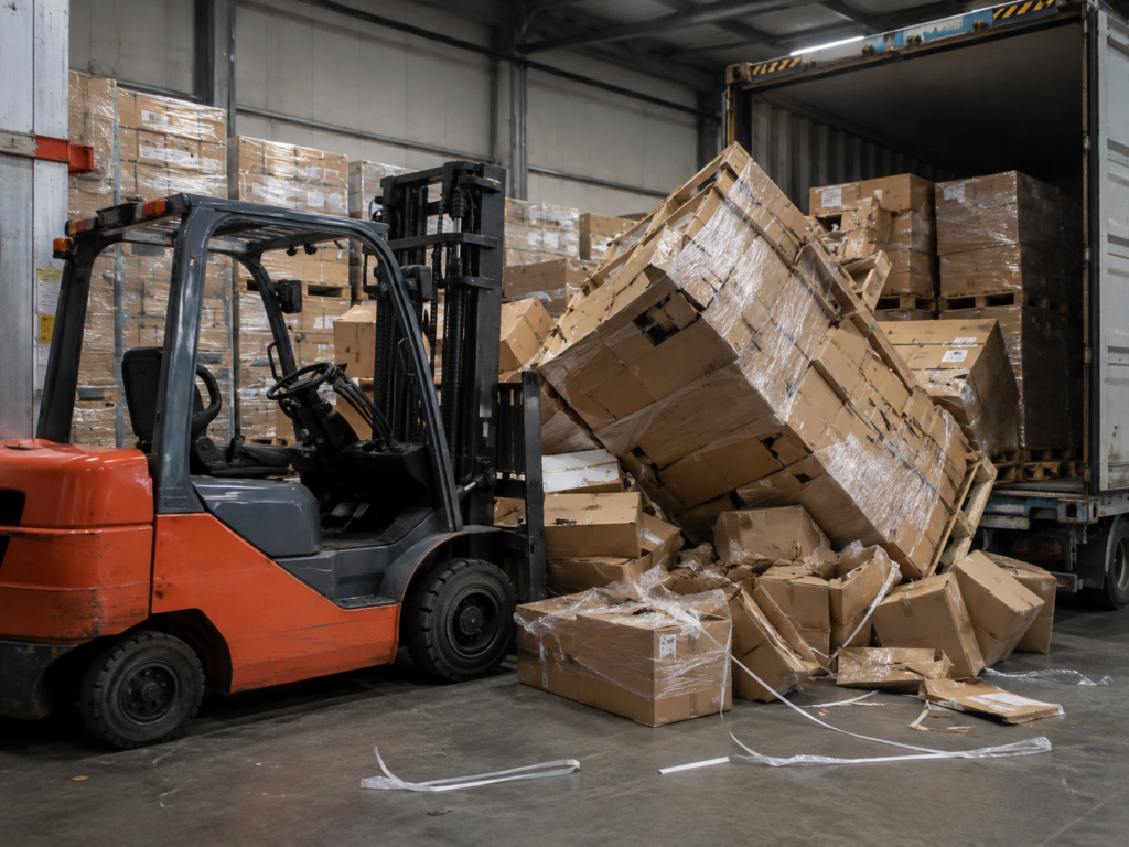 バンニング作業中のフォークリフトによる荷崩れ