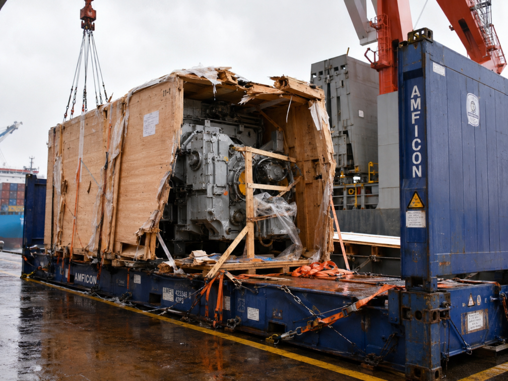 中国向けフラットラックコンテナ積載機械の本船積荷役中の梱包破損